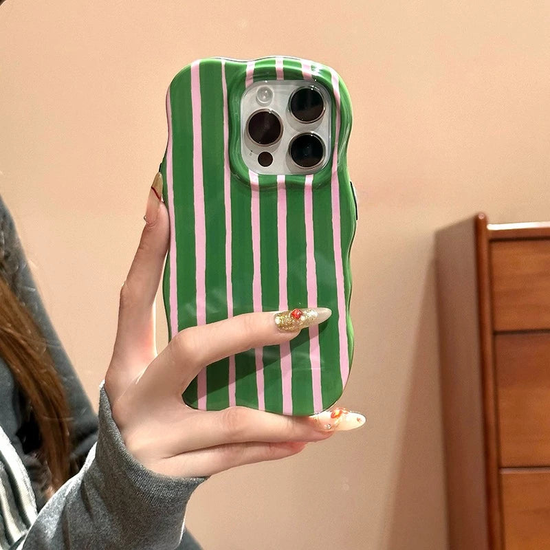 Colorful Stripes Glossy Wave Phone Case for iPhone 15 16 17 Pro Max 14 13 12 17 Air Double Color Contrast Hard PC Ins Cover