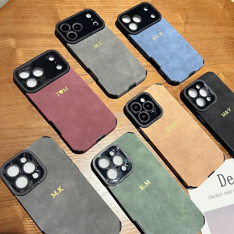 Luxury Lambskin Leather Personalized Customized Initials Name Case For iPhone 17 16 15 14 13 12 11 Pro Max Soft Leather Cover