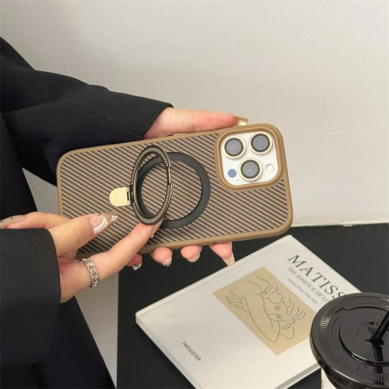 Carbon Fiber Metal Ring Stand Magnetic Case for Magsafe IPhone 15 14 13 12 11 16 Pro Max Plus with Lens Protector Mac Safe Cover