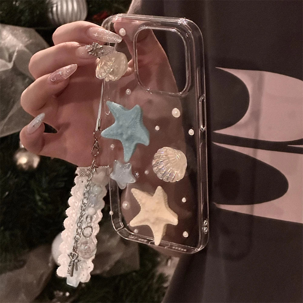 Cute Summer Seastar Shell Pattern Pendant Clear Phone Case For iPhone 16 15 14 13 12 11 Pro Max Plus 3D Cover Korea Girl Shell