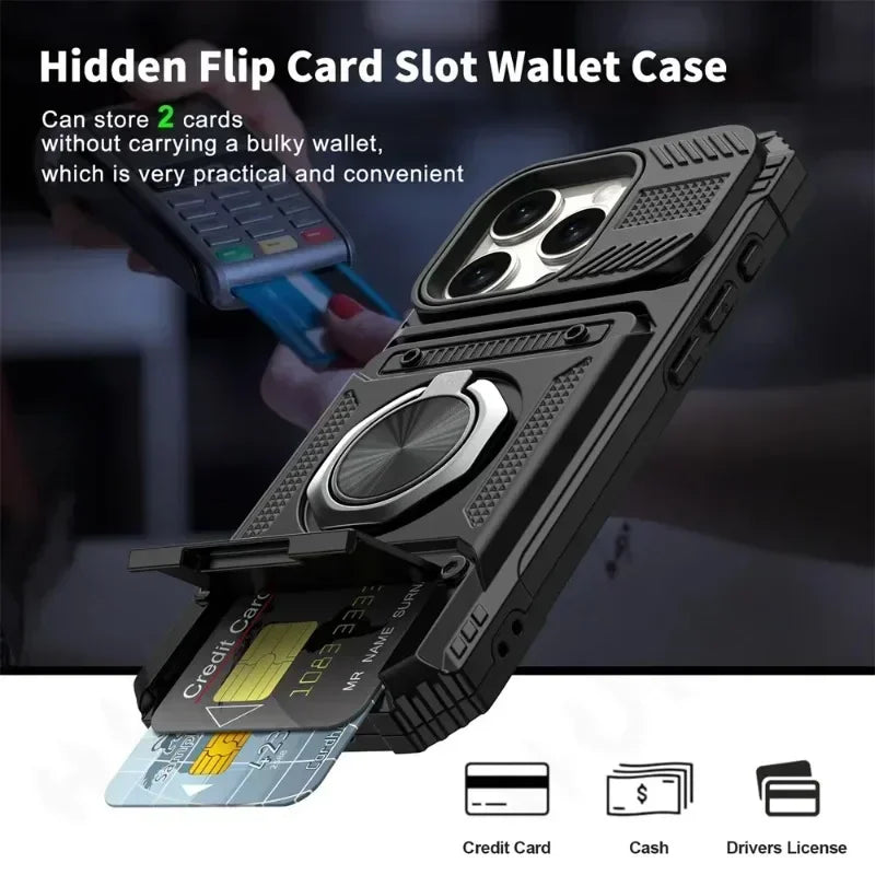 Case For iPhone 11 13 14 15 16 Pro Max 14 15 16 Plus 11 Magnetic Rotated Ring Kickstand Heavy Duty Drop Protection Wallet Cover