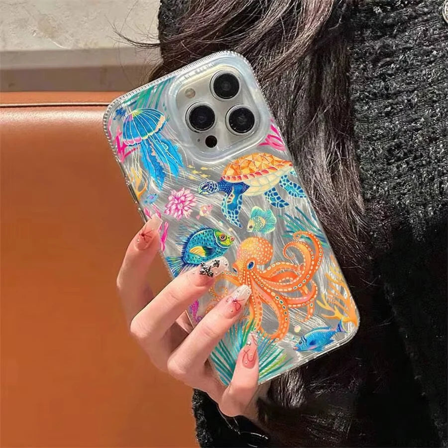 Marine Animals Illustration Phone Case for iPhone 11 13 14 15 16 17 Pro Max 7 8 14 15 Plus X XS XR 16e Air Feather Texture Cover