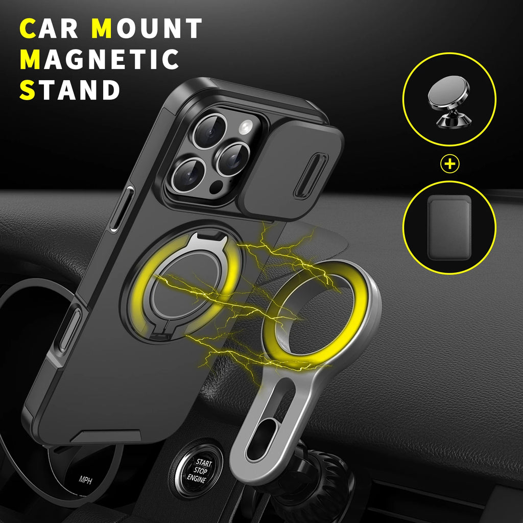 For Magsafe Magnetic Armor Case For iPhone 17 16 15 14 13 12 11 Pro Max Plus Air 17e 16e Ring Holder Slide Camera Protect Cover