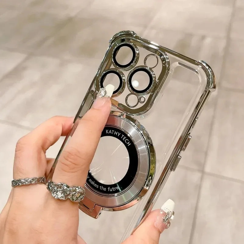 Fashion Plating Kickstand Case for iPhone 17 16 15 14 13 12 11 Pro Max With Holder Stand Shockproof Bracket Cover for Magsafe