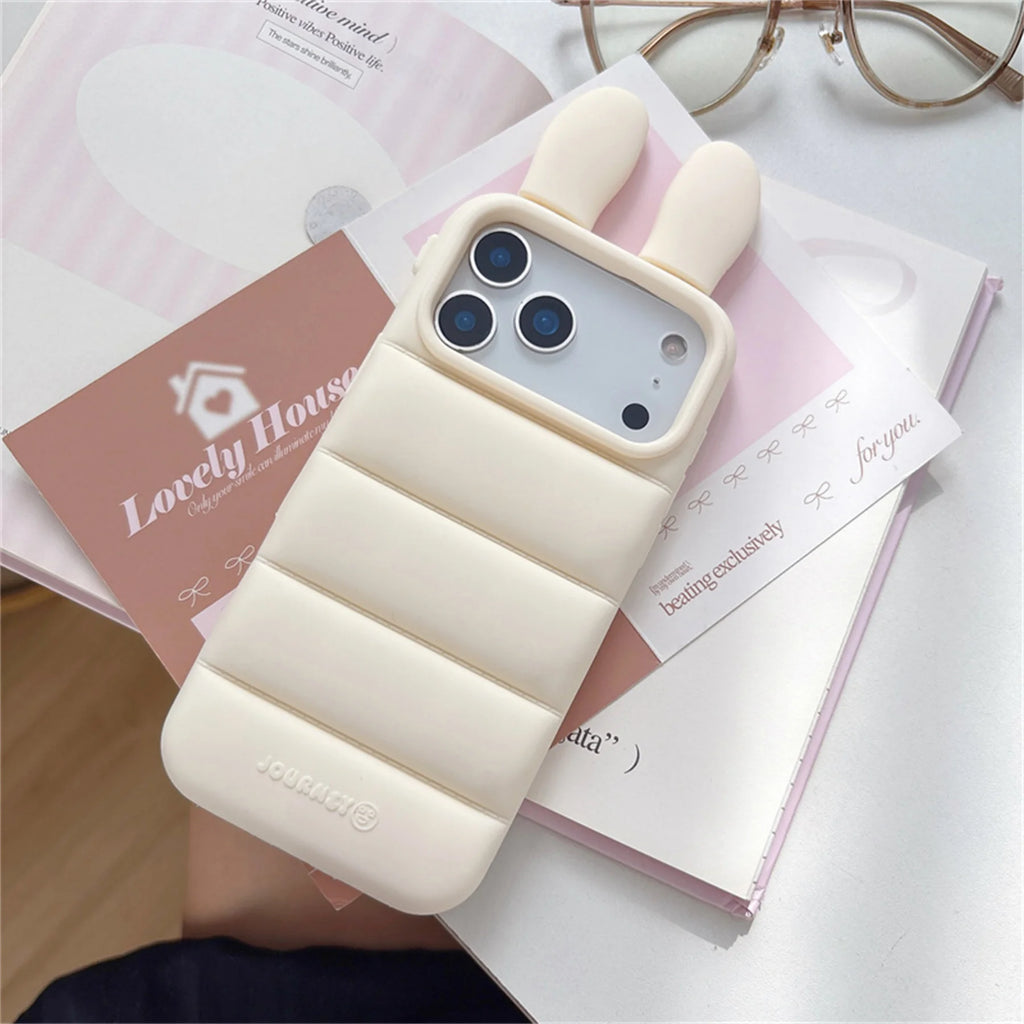 Cute 3D Bear Bunny Ears Down Jacket Texture Solid Color Phone Case for iPhone 17 16 15 14 Pro Max Shockproof Back Cover