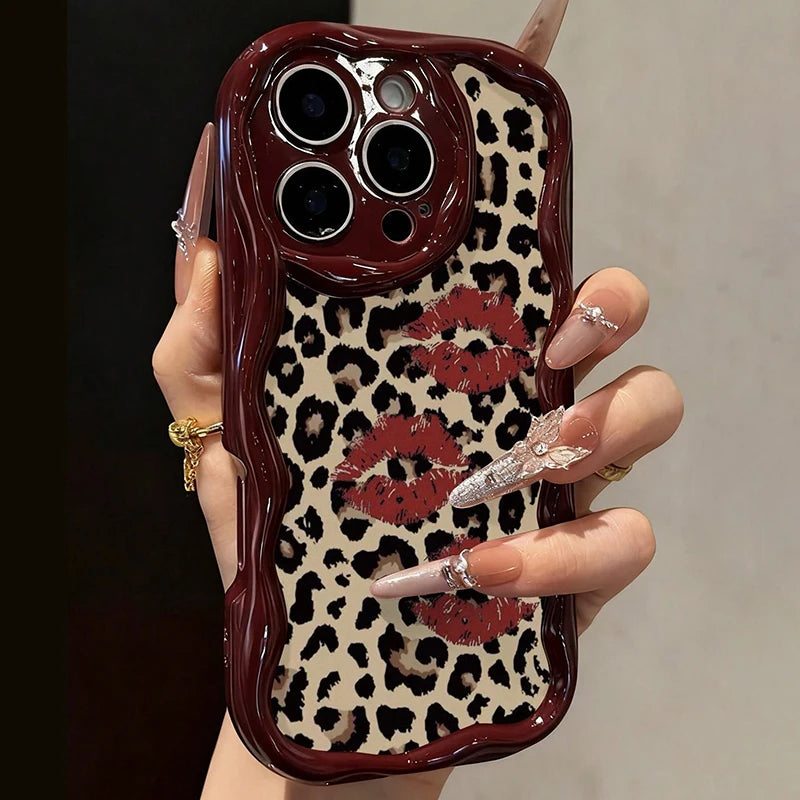 Cute Luxury Leopard Print Novelty Case For iPhone 17 16 15 14 13 12 11 Pro Max Plus 16e 17e Lip Painted Cartoon Wavy Soft Cover