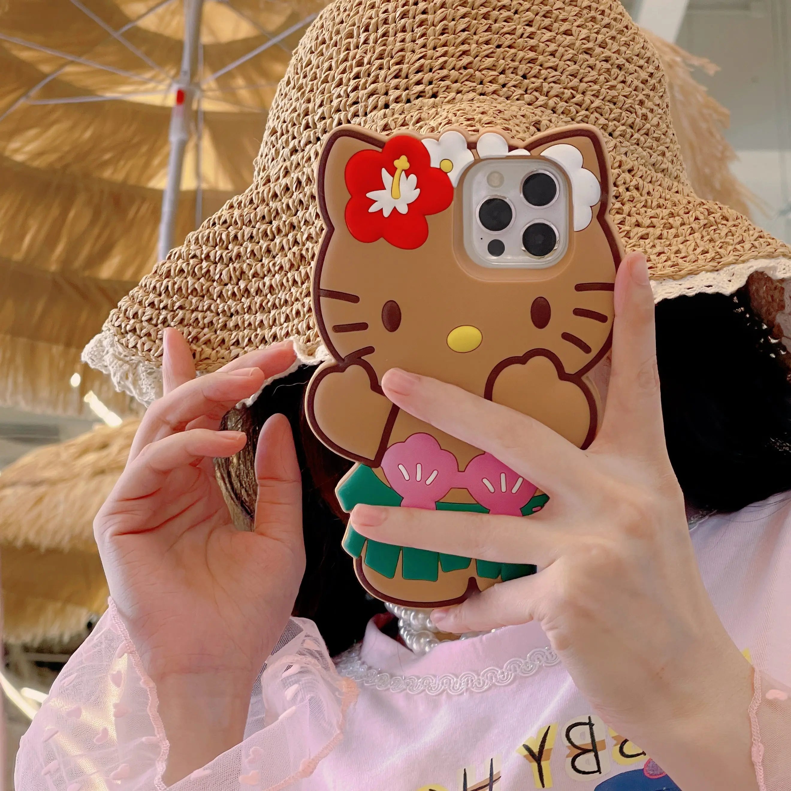 Kawaii Hello Kitty Phone Case For iPhone 17 16 15 14 13 12 11 Pro Max Plus 17 Pro Hula Skirt Kitty Silicone Cover with Lanyard