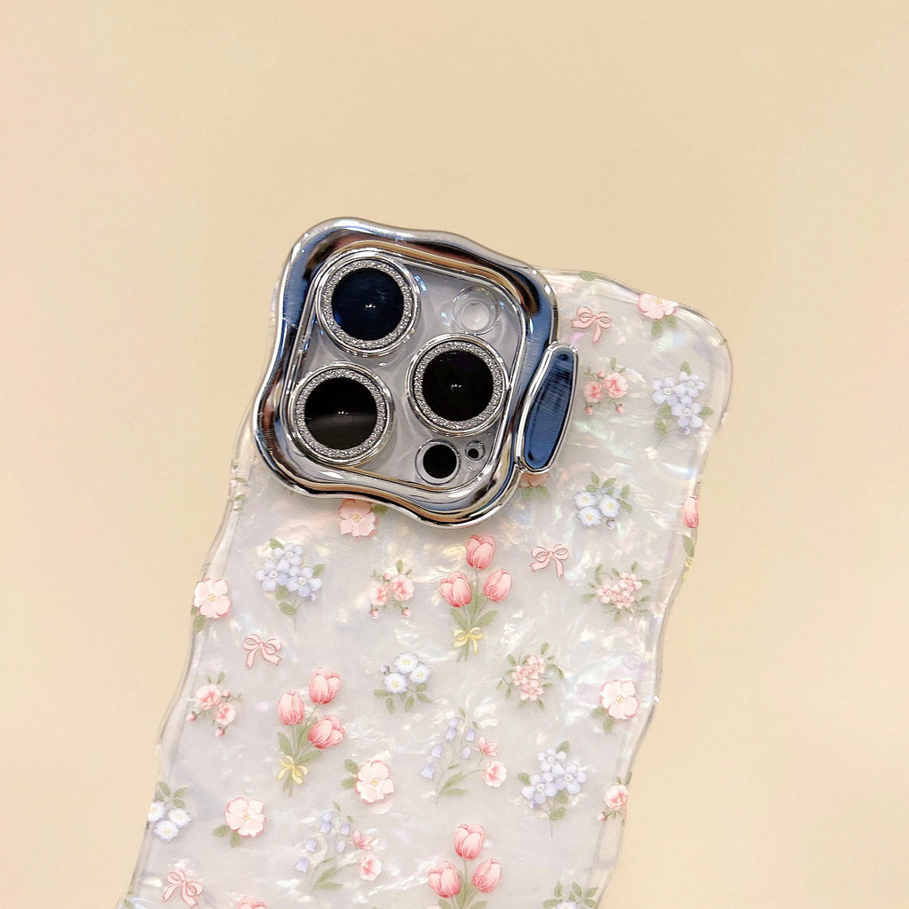 Chic Tulips Pattern Waving Frame Shell Gloss Len Frame Kickstand Phone Case for iPhone 16 15 14 11 12 13 Pro Max Plus Back Cover