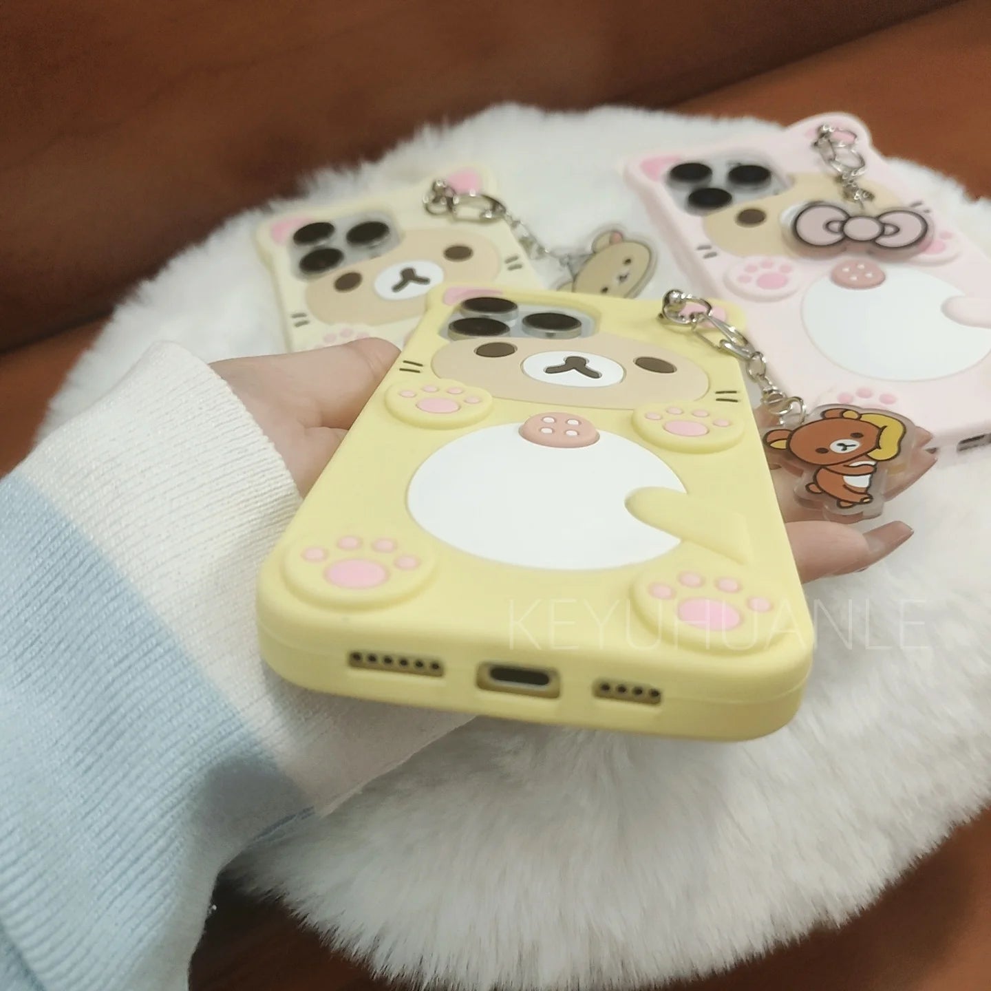 Cute Cartoon 3D Rilakkuma Phone Case For iPhone 17 16 15 14 13 12 11 Pro X XS Max XR 6 7 8 Plus 5 5S SE Key Chain Pendant Cover