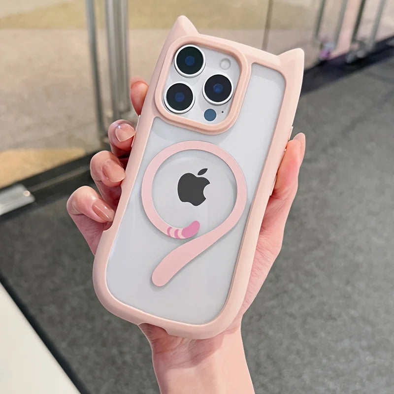 Magnetic Suction Cat Tail Transparent Frosted Case for iPhone 16 15 14 Plus 13 12 Mini 11 Pro Max Anti Fall Large Hole Cover