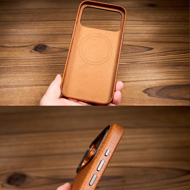 Italian Cow Leather For iPhone 17 Pro Max Case Leather Phone Back Cover For iPhone 17 Pro Max Magnetic Camera Button Brown Blue