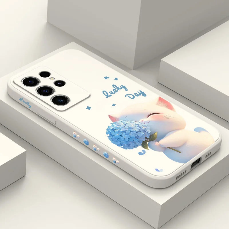 Blue Silk Cat Phone Case For Samsung Galaxy S26 Plus Ultra Silicone Cover