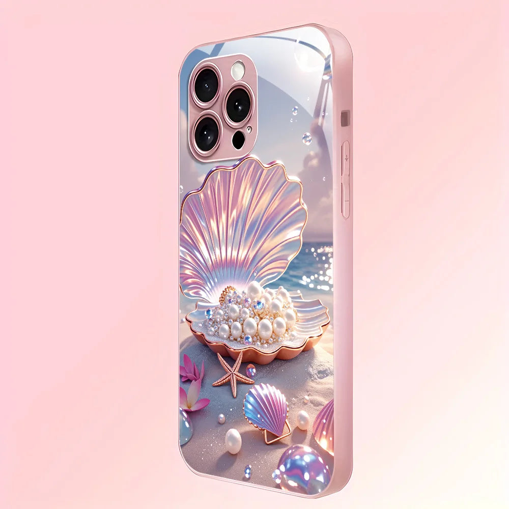 Colored Seashells Tempered Glass Phone Case For iPhone 17 Pro 16 15 17 13 Pro Max 12 11 13 14 Case Cover Shockproof Luxury Pearl