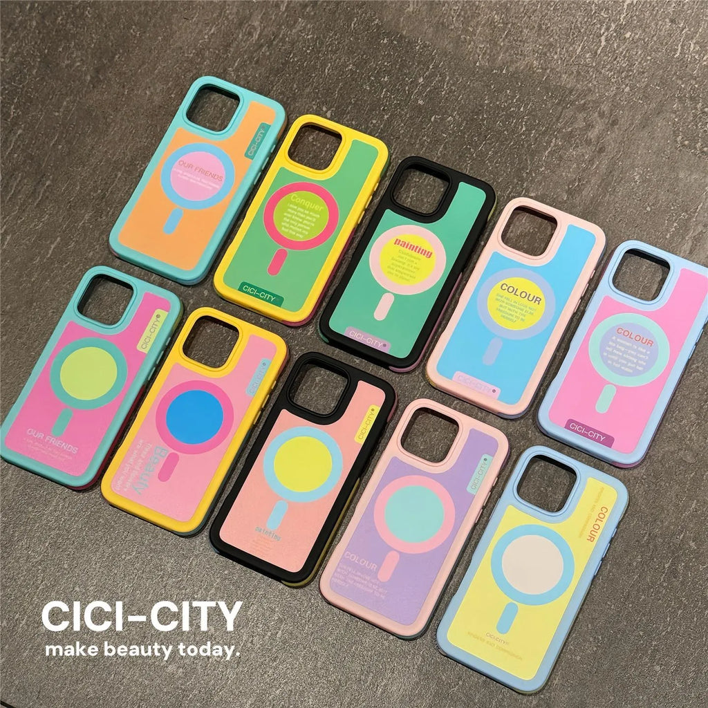 Dopamine Color Collision Magnetic Case For iPhone 16 15 14 Pro Max 13 Luxury Candy Color Shockproof Bumper for Magsafe Cover