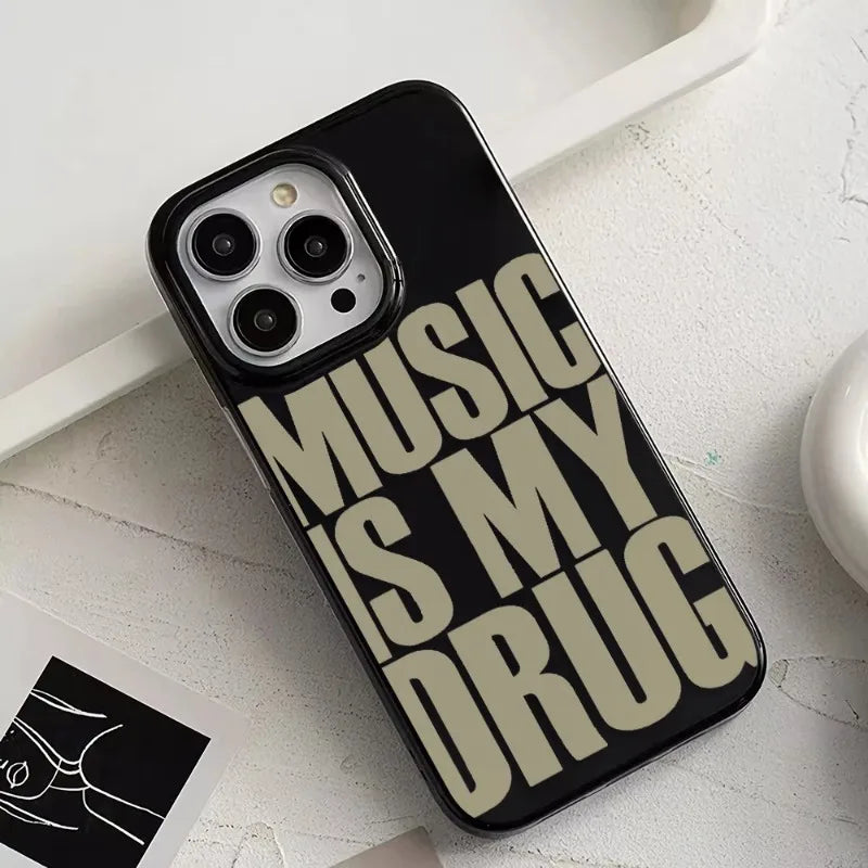 ins Black MUSIC IS MY DRUG Luck Phone Case Suitable for iPhone 11/12/13/14/15/ 16 Pro Max Phone Case