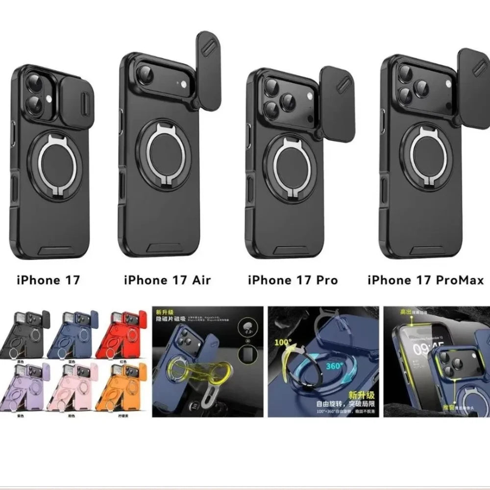 For Magsafe Magnetic Armor Case For iPhone 17 16 15 14 13 12 11 Pro Max Plus Air 17e 16e Ring Holder Slide Camera Protect Cover
