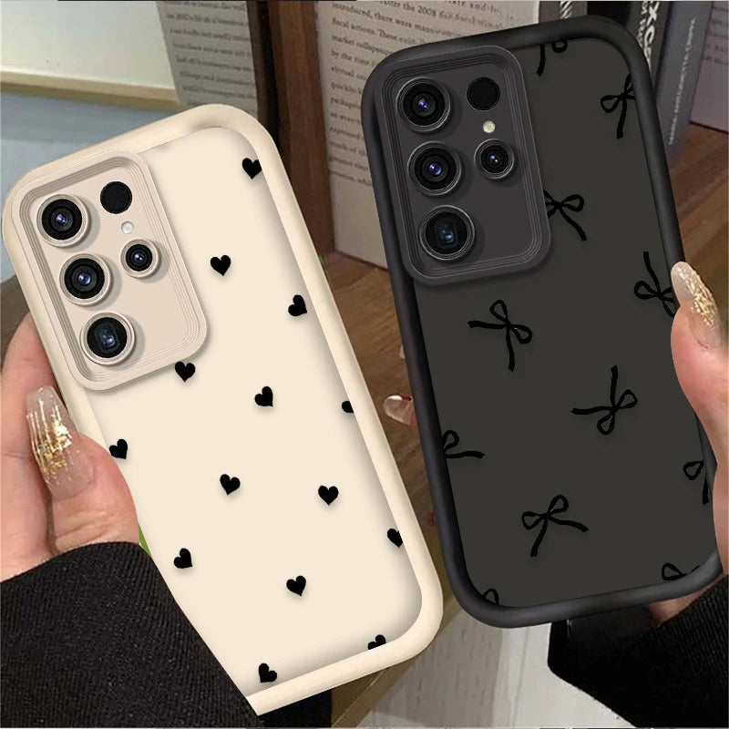 Black Love Heart Bowknot Phone Case for Samsung Galaxy S24 S25 S23 Ultra S22 S21 Plus FE A36 A56 A26 A16 A06 A15 A25 A35 A55 5G
