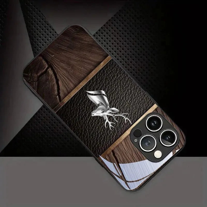 Curved Deer Head Pattern Tempered Glass Black Phone Case For Samsung Galaxy S25 S24 S23 Ultra Plus FE Shockproof Cover