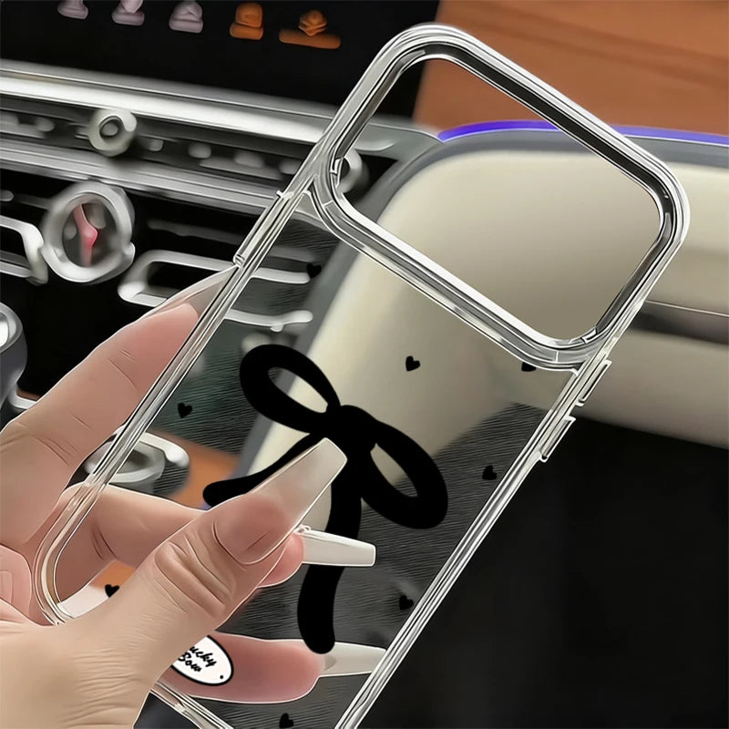 Cute Pink Bow Pattern Transparent Phone Case For iPhone 17 16 15 14 13 12 Pro Max 17 Pro Air 12 11 Plating Lens Frame Soft Cover