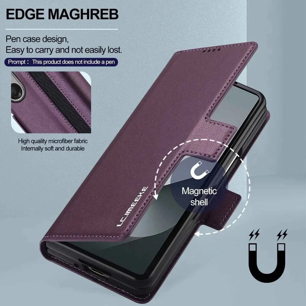 Premium Leather Phone Case for Samsung Galaxy Z Fold 7 6 5 4 3 Fold6 Fold5 Fold4 5G with Pen Holder Wallet Flip Phone Cover