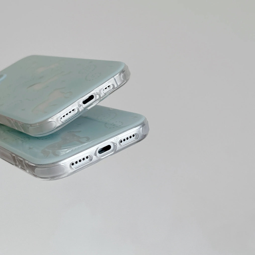 Glittery Mint Shimmering White Pony & Star Print Shockproof Phone Case for iPhone 17 16 15 14 11 12 13 Pro Max Plus Back Cover