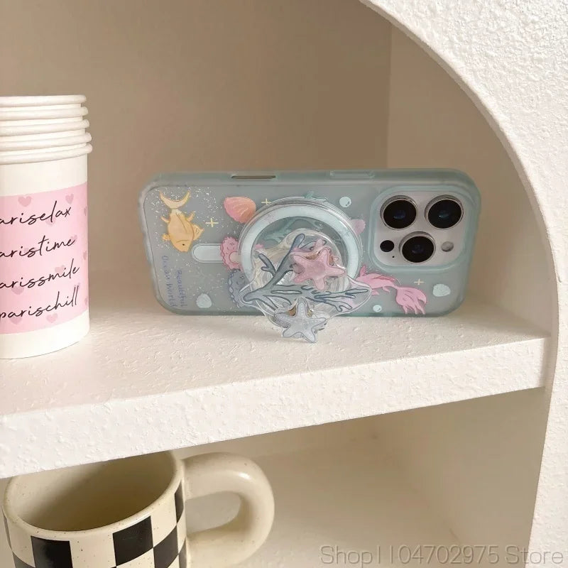 Korean Cute Cartoon Coral Rotate Star Magnetic Phone Holder Stand Griptok Grip Tok Support for IPhone 17 for Magsafe Accessories