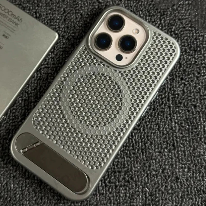 Heat Dissipation Mesh Phone Case for Magsafe Magnetic Wireless Charge Cover for iPhone 16 17pro Max 15 13 Pro 14 12 Metal Stand