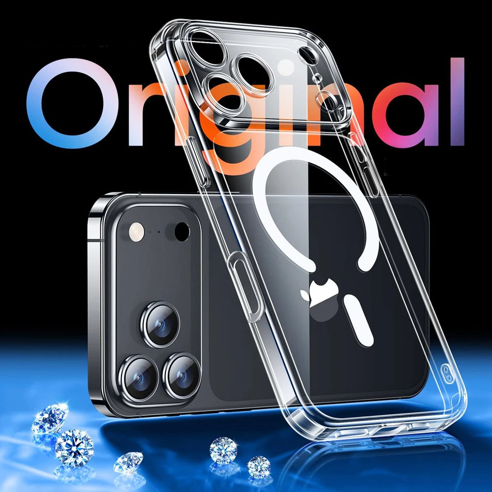 Original Transparent Hard Magnetic Case For iPhone 17 Air 16 15 14 13 12 11 Pro Max Plus For Magsafe Silicone Frame Clear Cover
