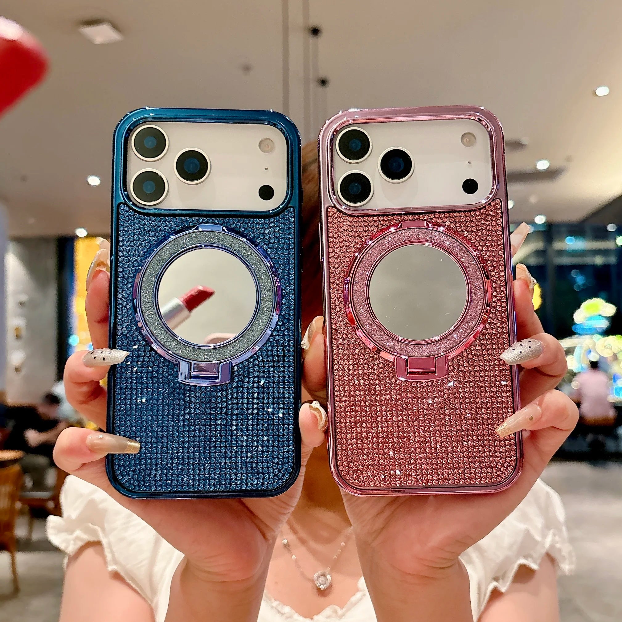 Plating Glitter Make UP Mirror Bracket Cover For iPhone 17 Air 16 15 14 Plus 11 12 13 17 Pro Max For Magsafe Diamond Phone Case