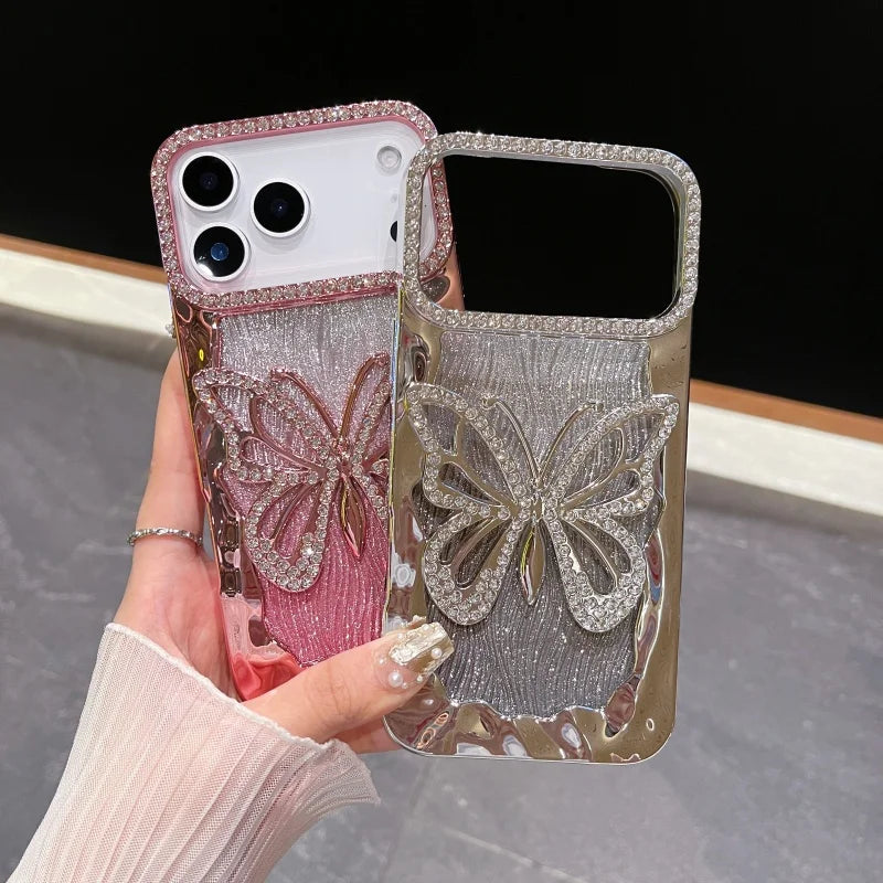 3D Bling Glitter Butterfly Gradient Diamond Phone Case For iPhone 17 Air 16 15 14 13 12 11 Pro Max Plus Plating Shockproof Cover
