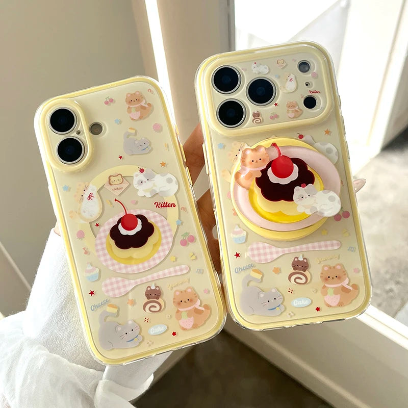 Korean Cute Cake Cat Magnetic Phone Case For iPhone 17 Pro 16 15 Pro Max Cover with Magsafe Stand Holder Shockproof Kawaii Cases