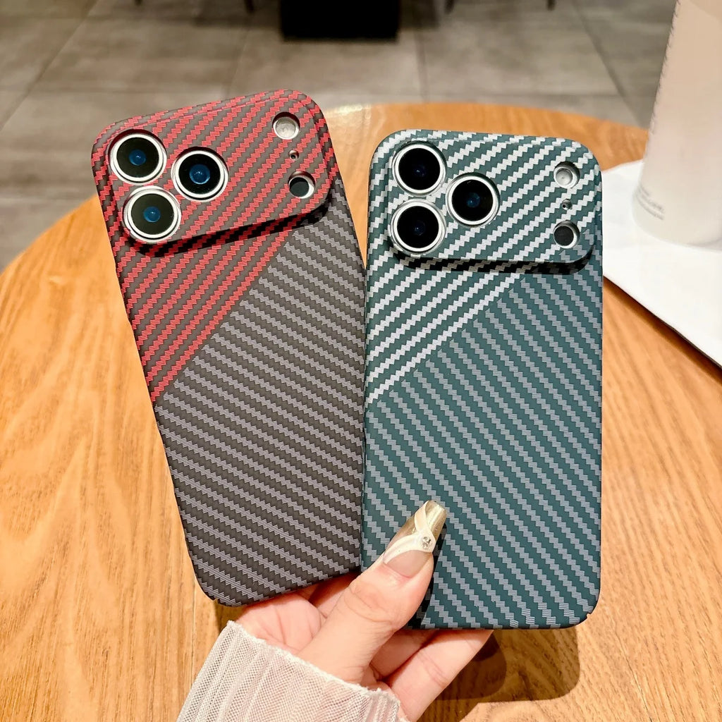 Slim Carbon Fiber Kevlar Texture Hard Plastic Phone Case For iPhone 17 Air 16 15 14 13 12 11 Pro Max Plus Shockproof Armor Cover