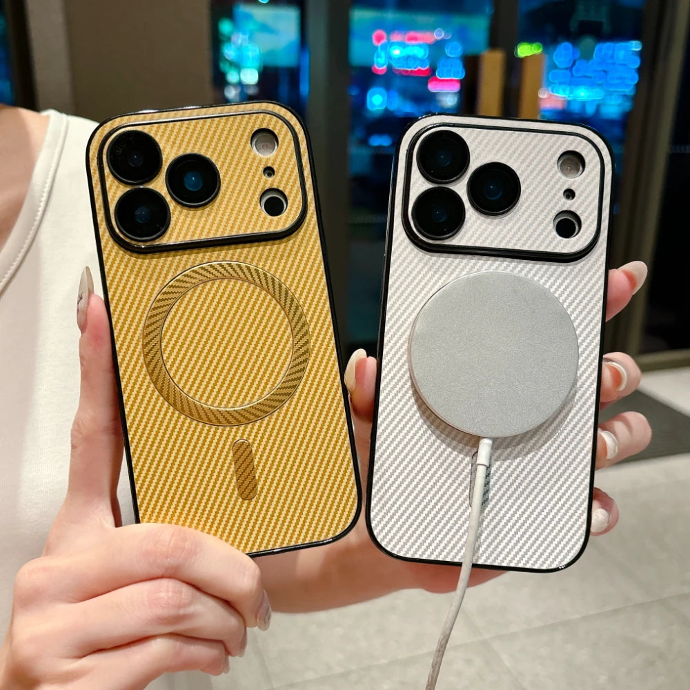 Luxury Magnetic Matte Carbon Fiber  Leather Phone Case for IPhone 17 16 15 14 13 Pro Max for Magsafe Protective  Cases Cover