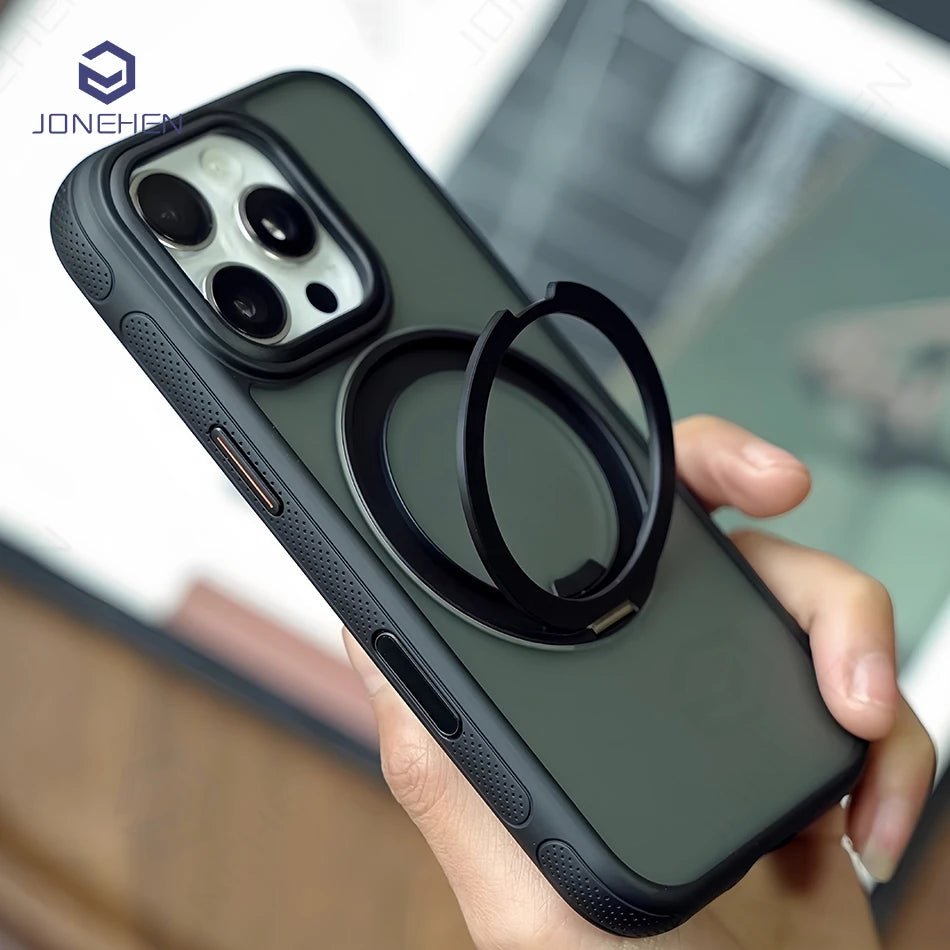 360° Rotation Ring Stand Magnetic Case For iPhone 13 14 15 16 17 Pro Max 16E Matte Military Shockproof Armor Cover For Magsafe