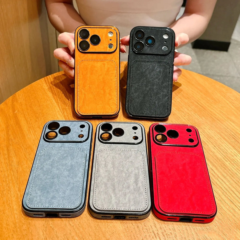 Business Leather Card Slot Holder Wallet Phone Case For iPhone 17 16 15 14 13 Pro Max Plus Solid Color Large Window Matte Cover