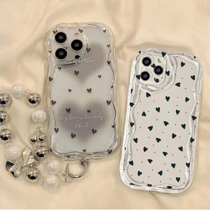 Love Heart Phone Case For IPhone 17 Air 16 15 12 11 Pro Max Plus 13 Mini 16E IPhone17 Silicone Wavy Edge Cover With Hang Strap