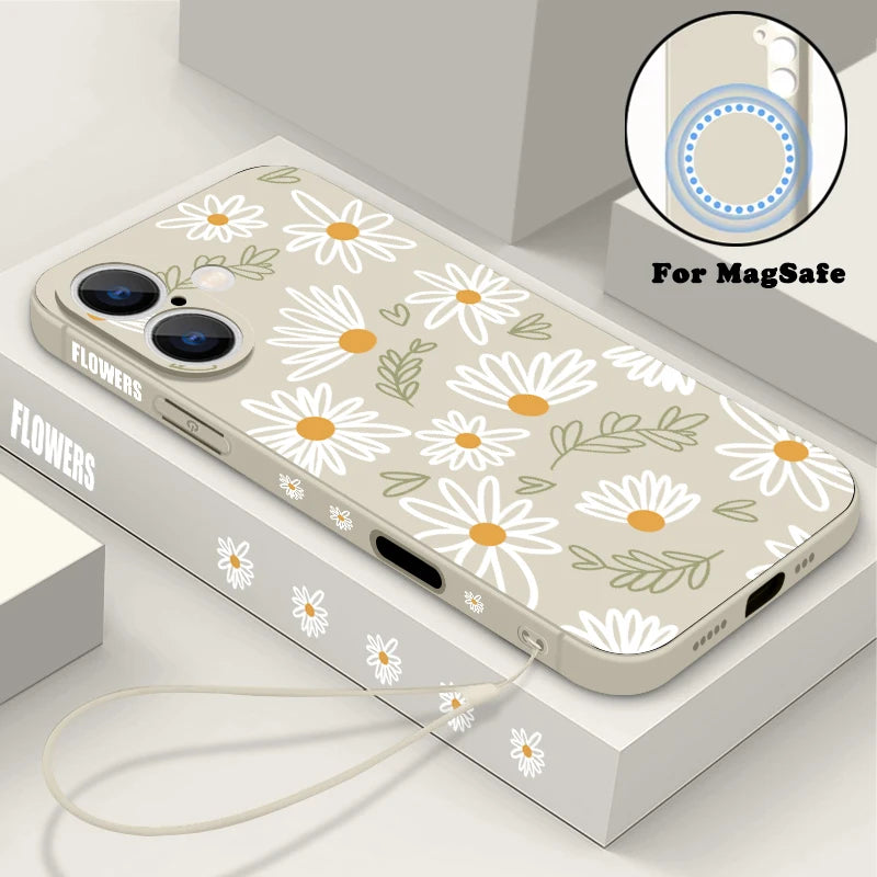 White Flowers Magnetic Case For iPhone 17e 17 16 15 14 13 12 Pro Max 11 16e For Magsafe Wireless Charge Soft Lanyard Phone Cover