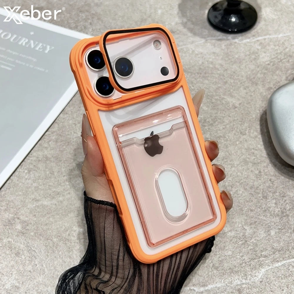Luxury Slot Card Holder Wallet Clear Case For iPhone 11 12 13 14 15 16 17 Pro Max Air Fold Lens Stand Holder Shockproof Cover
