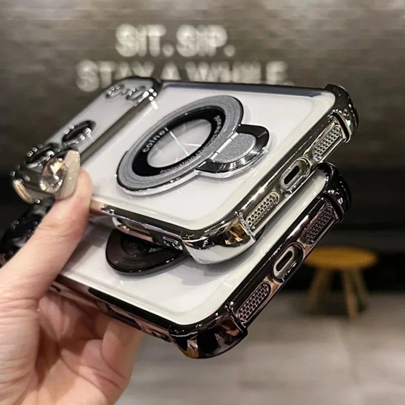 Luxury Plating Transparent Phone Case For iPhone 17 Pro Max 14 15 Plus Air 11 12 13 16 Pro For Magsafe Magnetic Ring Stand Cover
