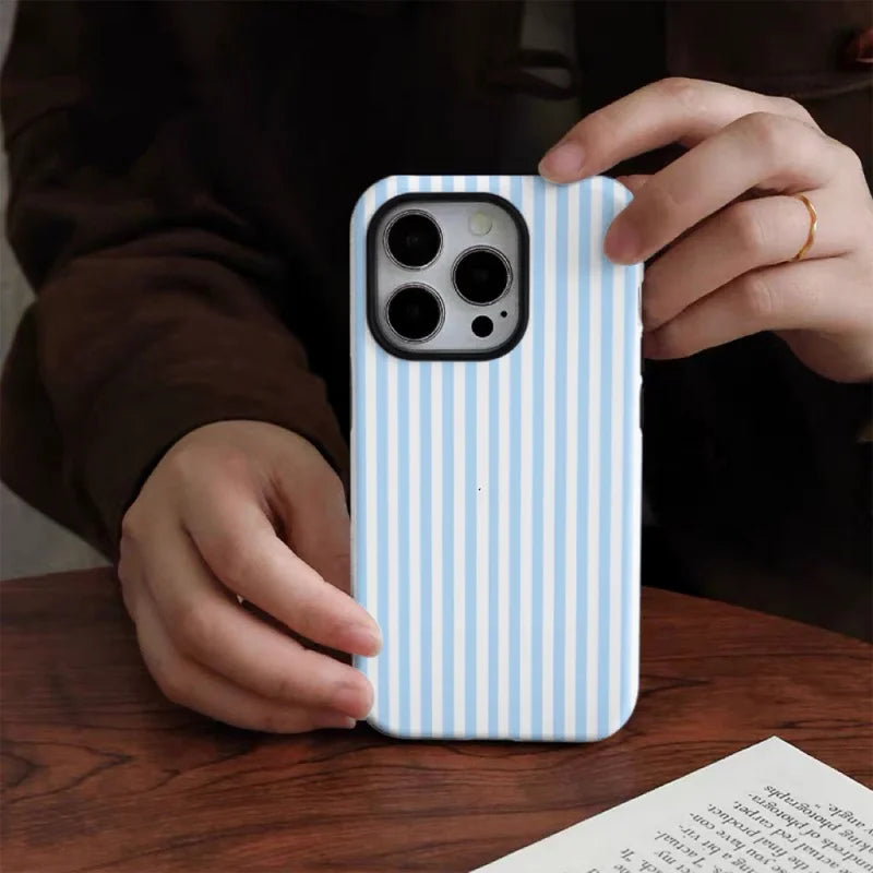 Minimalist blue and white stripes Phone Case for iPhone16ProMax 15 14 14 12mini 7Plus XR 2in1 tough glossy case