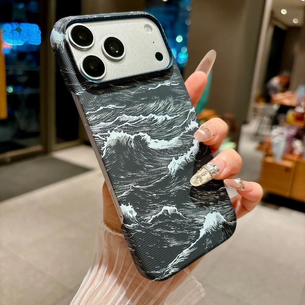 Kevlar Carbon Fiber Sea Wave Tide Texture PC For Magsafe Magnetic Case For iPhone 17 Air 16 15 14 13 Pro Max Frameless Slim Capa