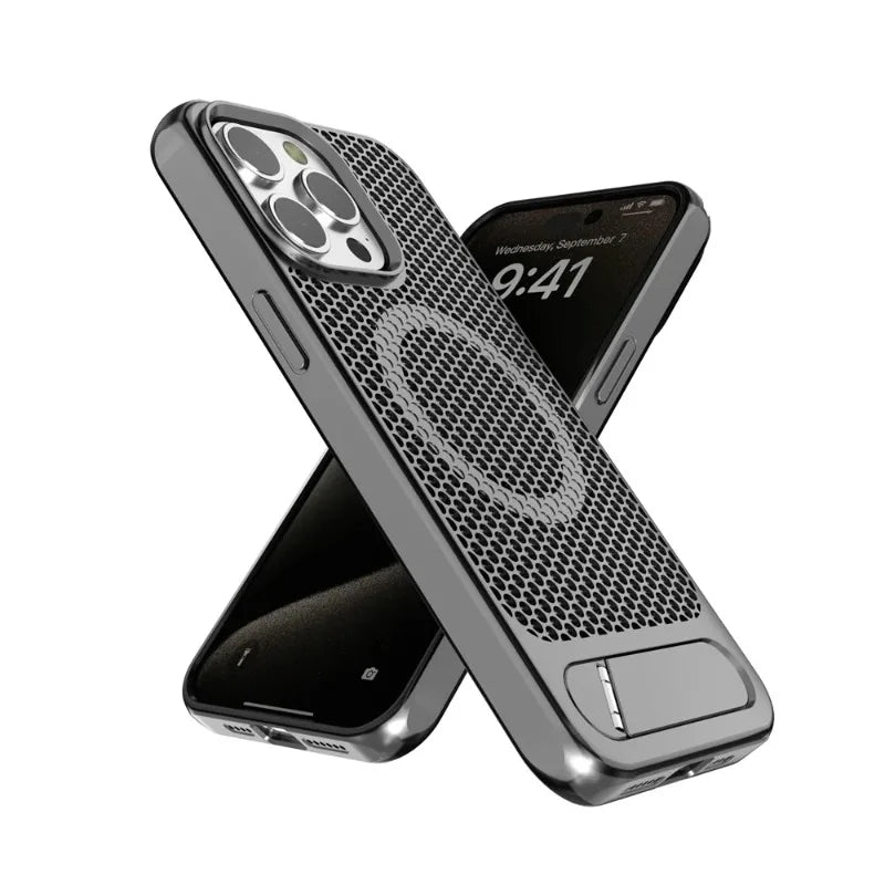 Luxury Cooling Stand Magnetic Phone Case For iPhone 15 14 13 11 12 16 Pro Max Heat Dissipation Plain Color Shockproof Back Cover