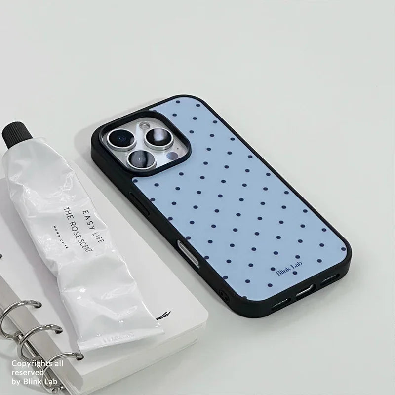 Korean Ins Trendy Blue Groud Black Polka Dots Phone Case For iPhone 17 AIR 16 15 14 13 12 11 Pro Max XR XSMAX 7 8 PLUS Y2K Cover