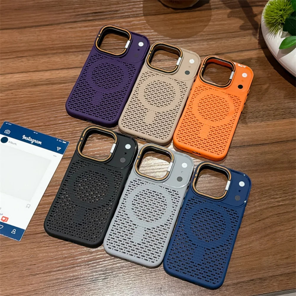 For Magsafe Magnetic Heat Dissipation Lens Holder Case For iPhone 17 16 15 14 Plus 13 12 11 Pro Max Frosted Bracket Bumper Cover