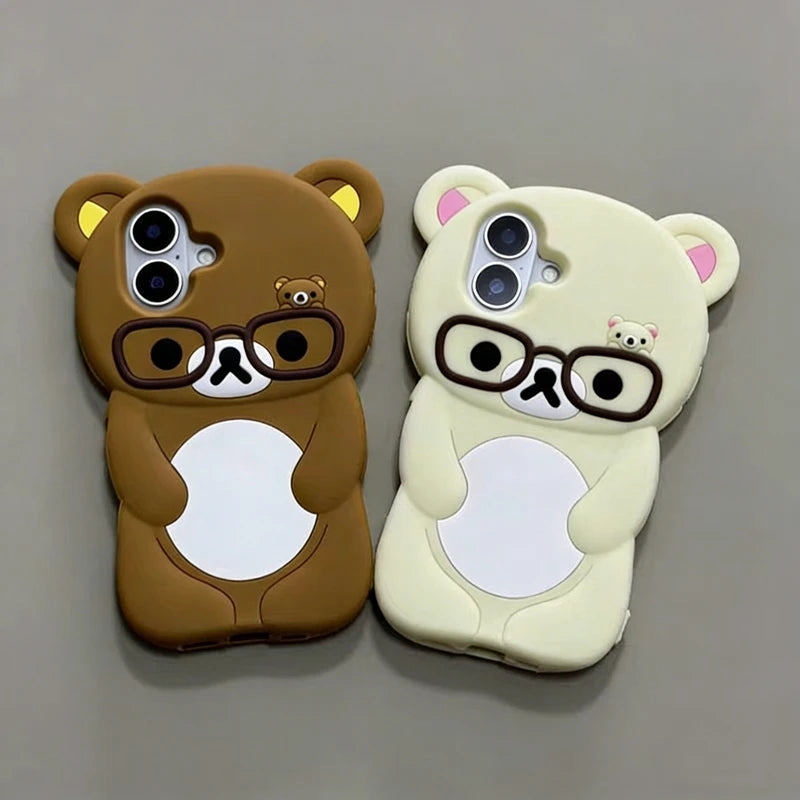 Lovely 3D Cartoon Glasses Bear Phone Case For iPhone SE 2 3 7 8 Plus 11 12 13 14 15 16 Pro Max