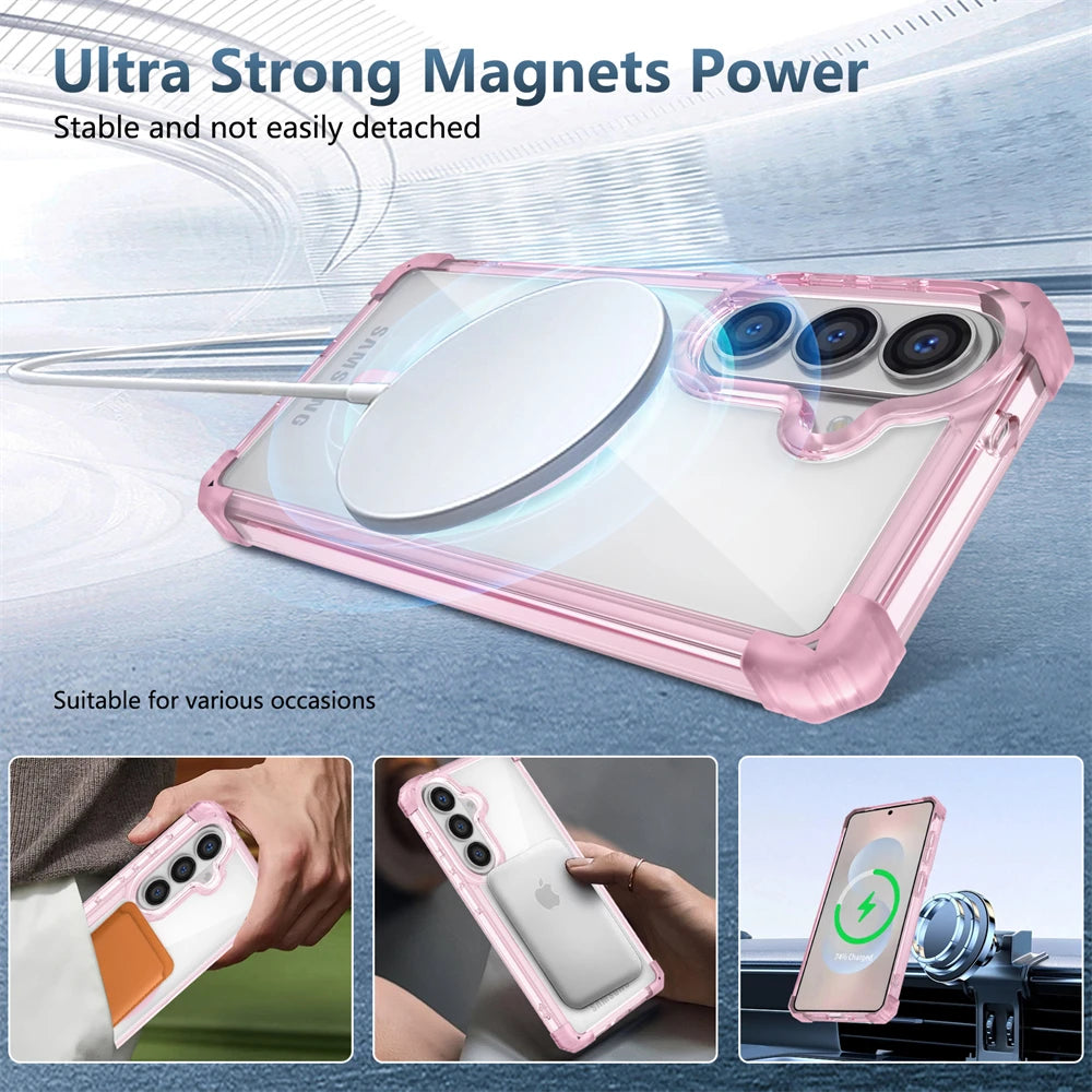 Corners Airbags Shockproof Clear Magnetic Case for Samsung Galaxy S26 S25 Edge S24 S23 Plus S22 S21 Ultra FE Glossy Cover Funda