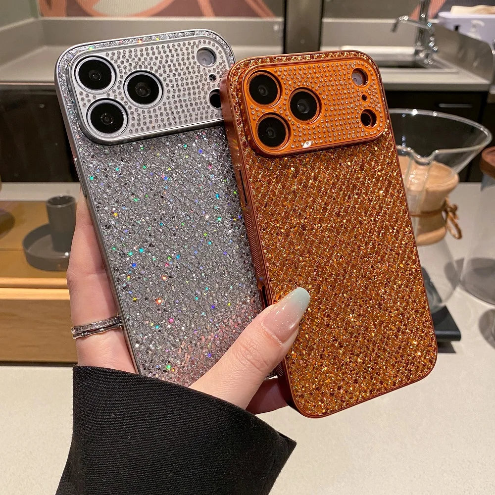 Korea Luxury Glitter Diamond Phone Case For iphone 17 16 15 14 13 Pro Max Shiny Camera Protection Shockproof Back Cover