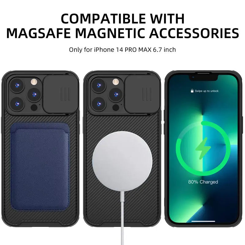 Slide Camera Lens Protection For Magsafe Magnetic Wireless Charging Case For iPhone 13 14 15 16 Pro Max Plus Soft Silicone Cover