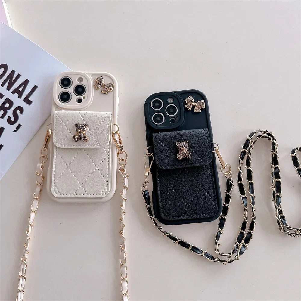 3D Cute Bear Wallet Card Holder Crossbody Lanyard Case For iPhone 17 Air 16 Pro Max 14 12 11 13 15 Plus X XS SE 2020 2022 6 7 8