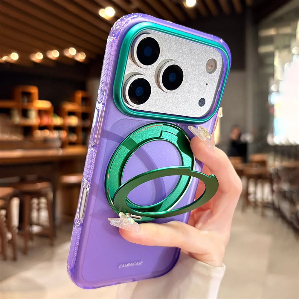 Magnet Holder Rotating Magnetic Stand Phone Case For iPhone 16 17 Pro Max Matte Translucent Shockproof Clashing Color Back Cover